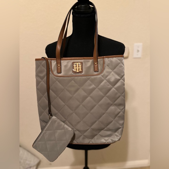 Tommy Hilfiger Handbags - Tommy Hilfiger Quilted Nylon Tote Bag With Pouch Taupe With Faux Leather Trim